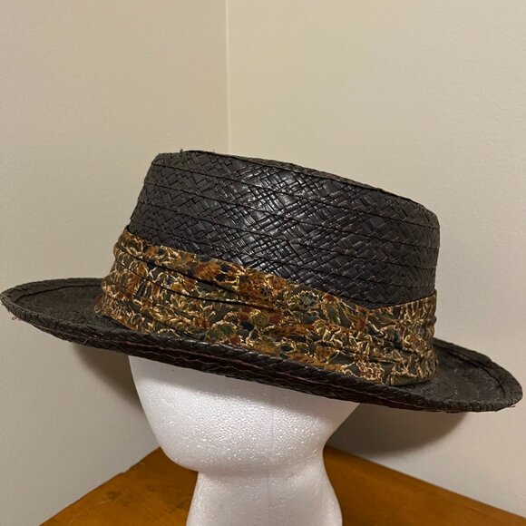 VINTAGE WORMSER MACORA STRAW HAT, 7 1/4 Brown, Rolled Brim, Floral Band New York - Picture 7 of 13